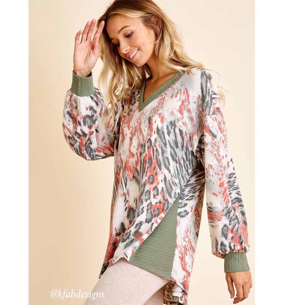 RESTOCK! V Neck Flattering Contrast Detail Olive/Rust  Printed Soft Knit Top! - Picture 4 of 7